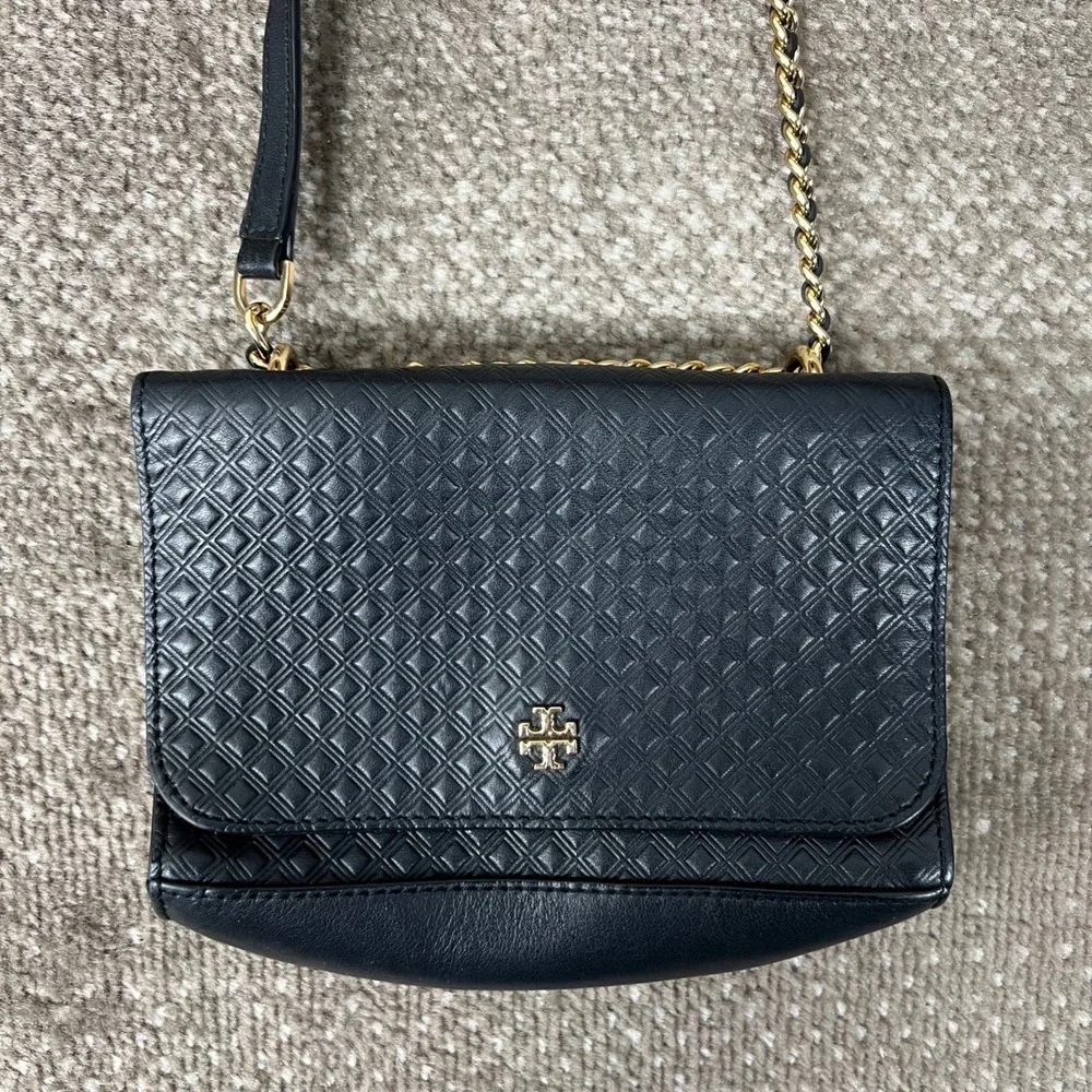 Tory‎ Burch Black Embossed Leather Crossbody Bag Gold Chain Strap Women